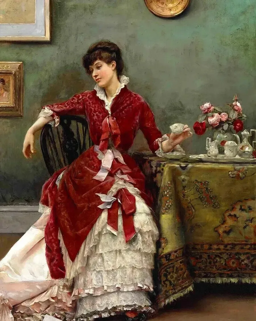 🦉Picture Description: This elegant oil painting depicts a sophisticated woman in a luxurious red vel