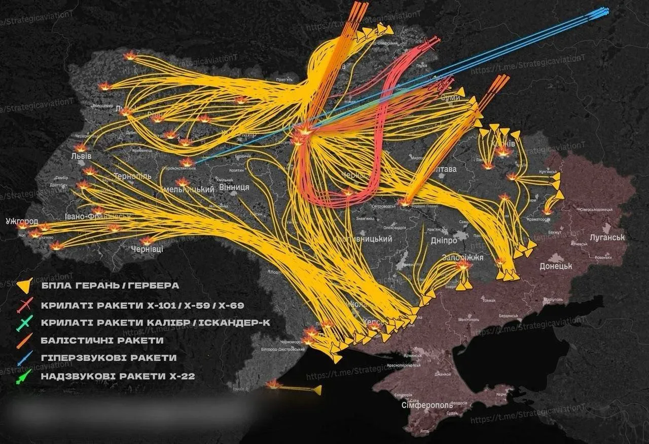 Карта массированного удара по Украине за прошедшие сутки.  Началось с ударов "Гераней" по западным о