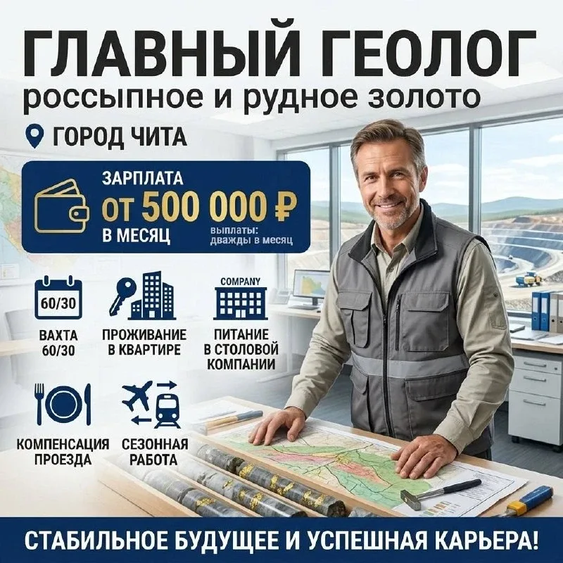 Главный геолог (россыпное золото) ⚒️   Внимание! Откликайтесь только, если готовы самостоятельно при