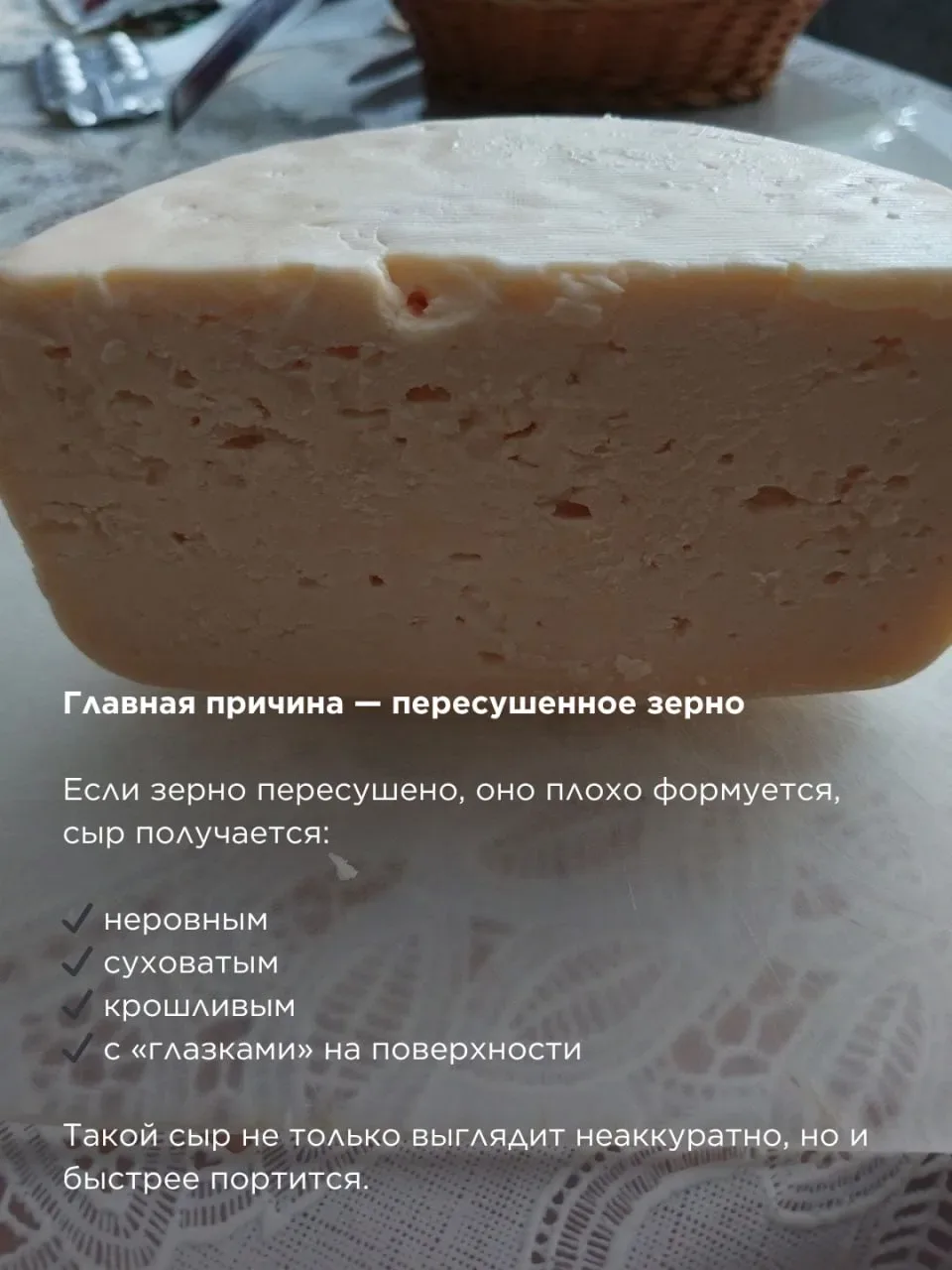 Почему сыр плохо формуется?  Сыр не формуется, рассыпается, поверхность неровная, с глазками — это ч