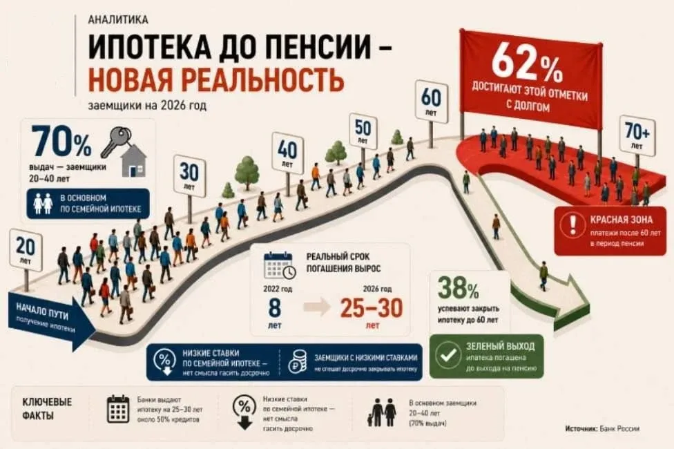 ℹ️ Ипотека до пенсии: 6 из 10 заемщиков выплатят кредит только после 60 лет  Почти половина новых ип