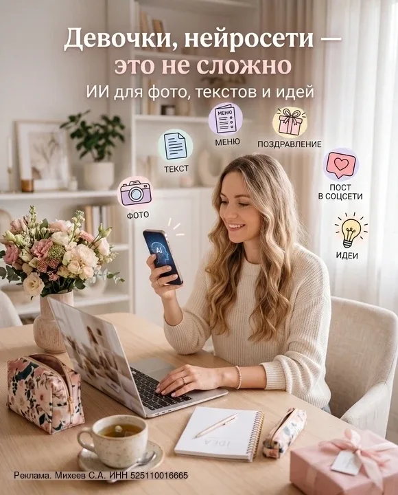 erid: 2W5zFJybKPF  Девочки, нейросети - это не сложно  Они уже помогают в обычной жизни: ✅ сделать к