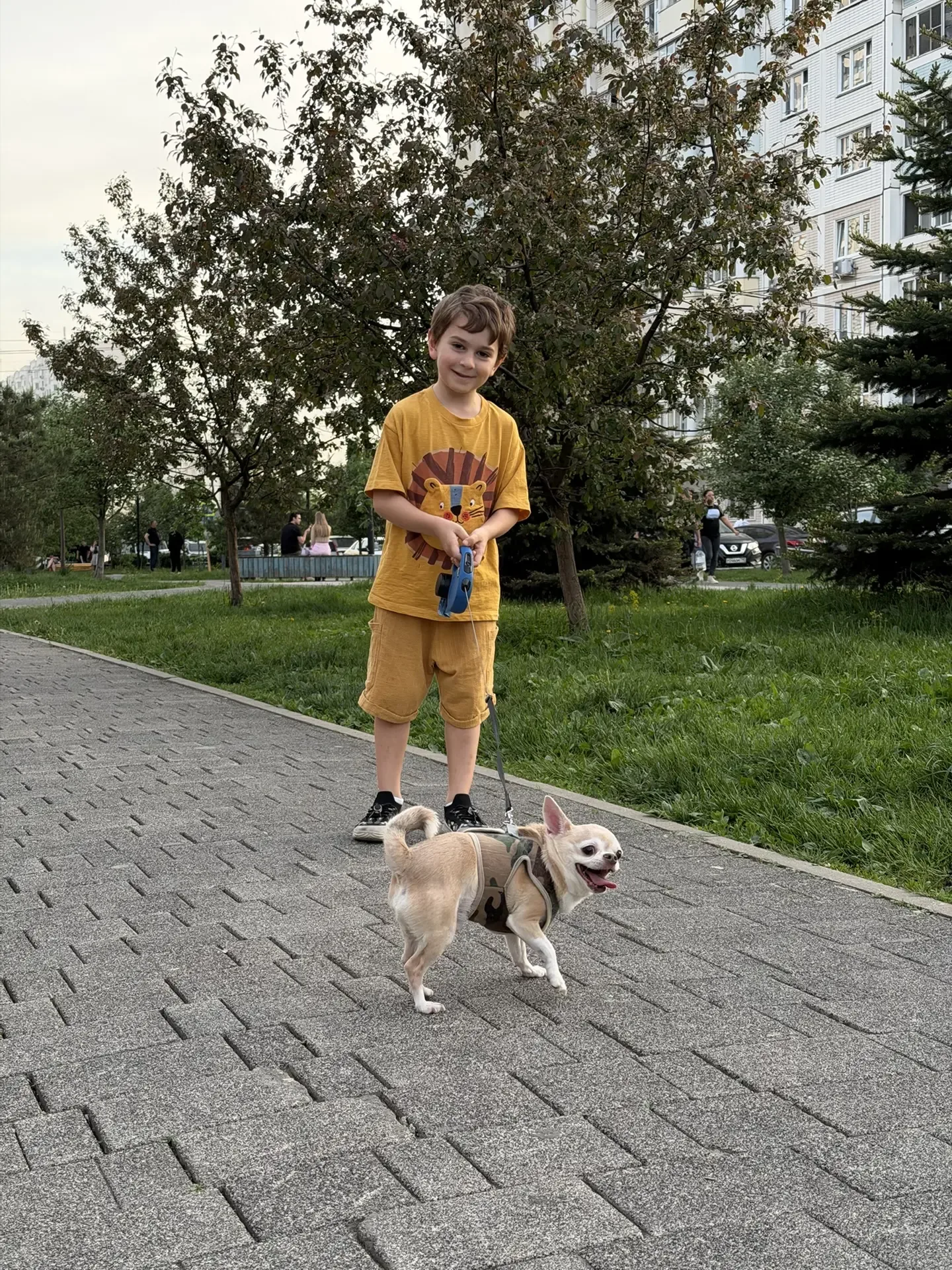 Счастливый пёс на прогулке со своим юным хозяином 🐶❤️ Когда холодно, Макса гулять не заставишь. Зато
