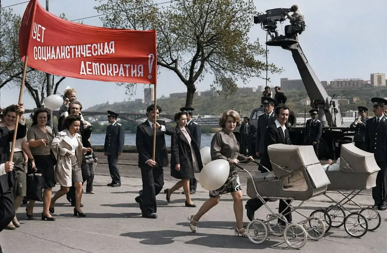 На Нижегородской ярмарке раскрасили старые фотографии первомайских демонстраций.