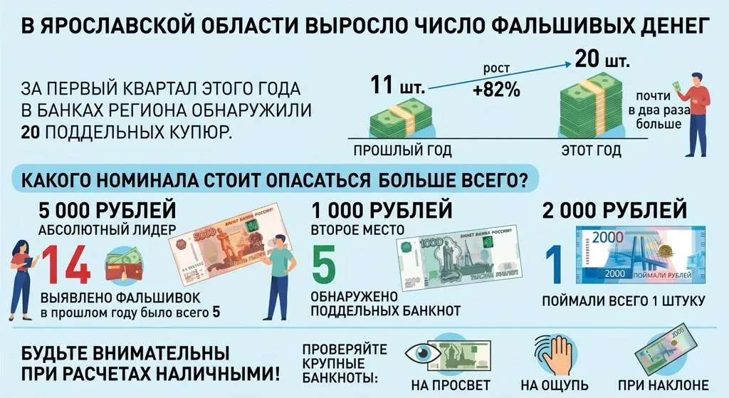 📌 Новости  В Ярославской области выросло число фальшивых денег  За первый квартал этого года в банка