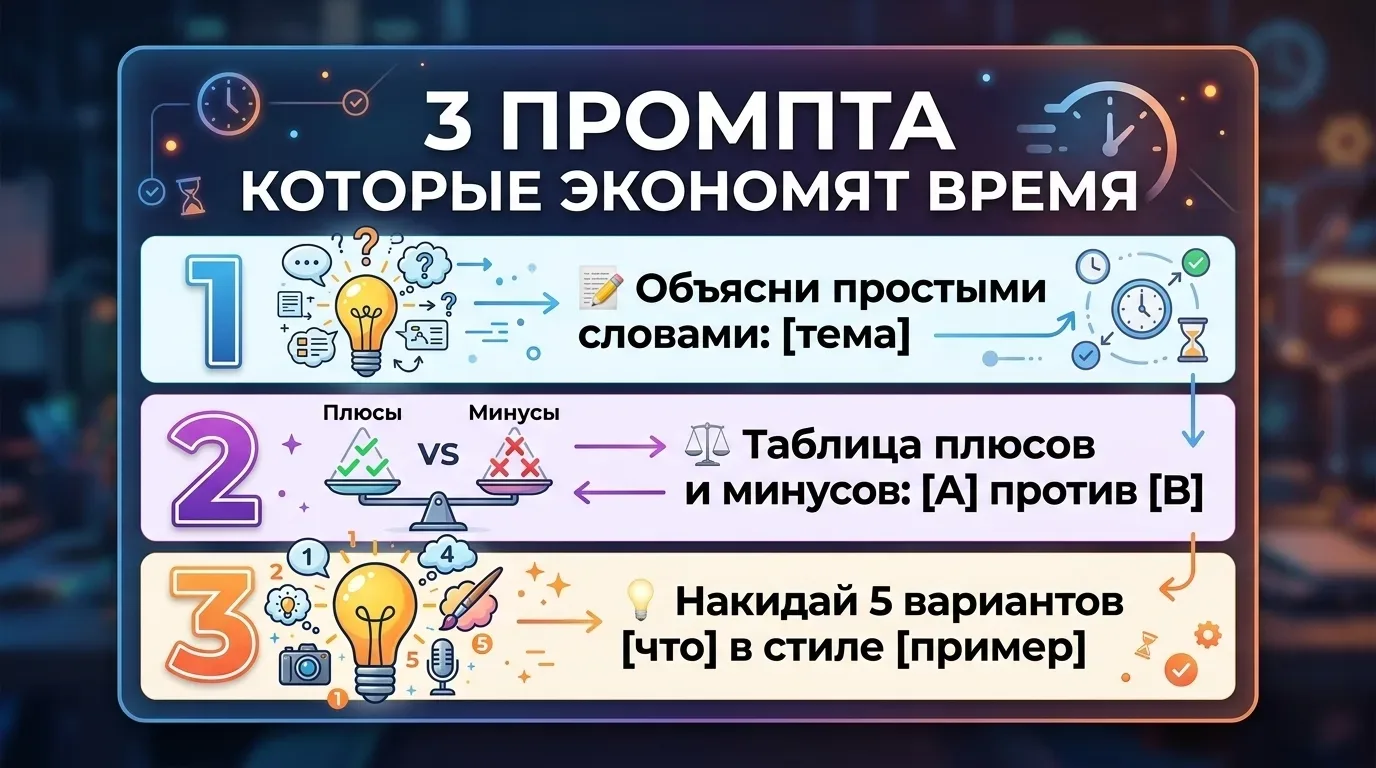 📚 3 промпта которые реально экономят время  Сохрани — пригодится 💾  1️⃣ Когда лень разбираться: "Объ