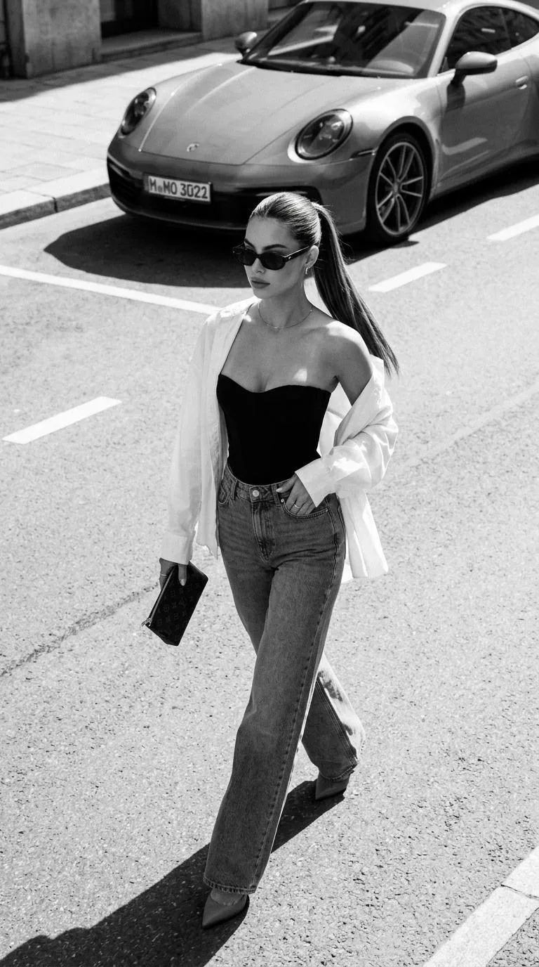 🕶  Чёрно-белый street style  Высокий ракурс, солнечная улица и стильный городской образ в эстетике f