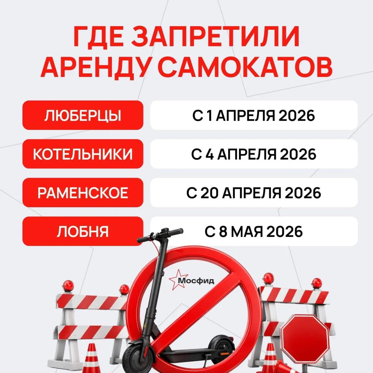 🙅‍♂ Где уже запретили электросамокаты в Московском регионе.    Каких районов не хватает?  НЕ ЗАБУДЬ 