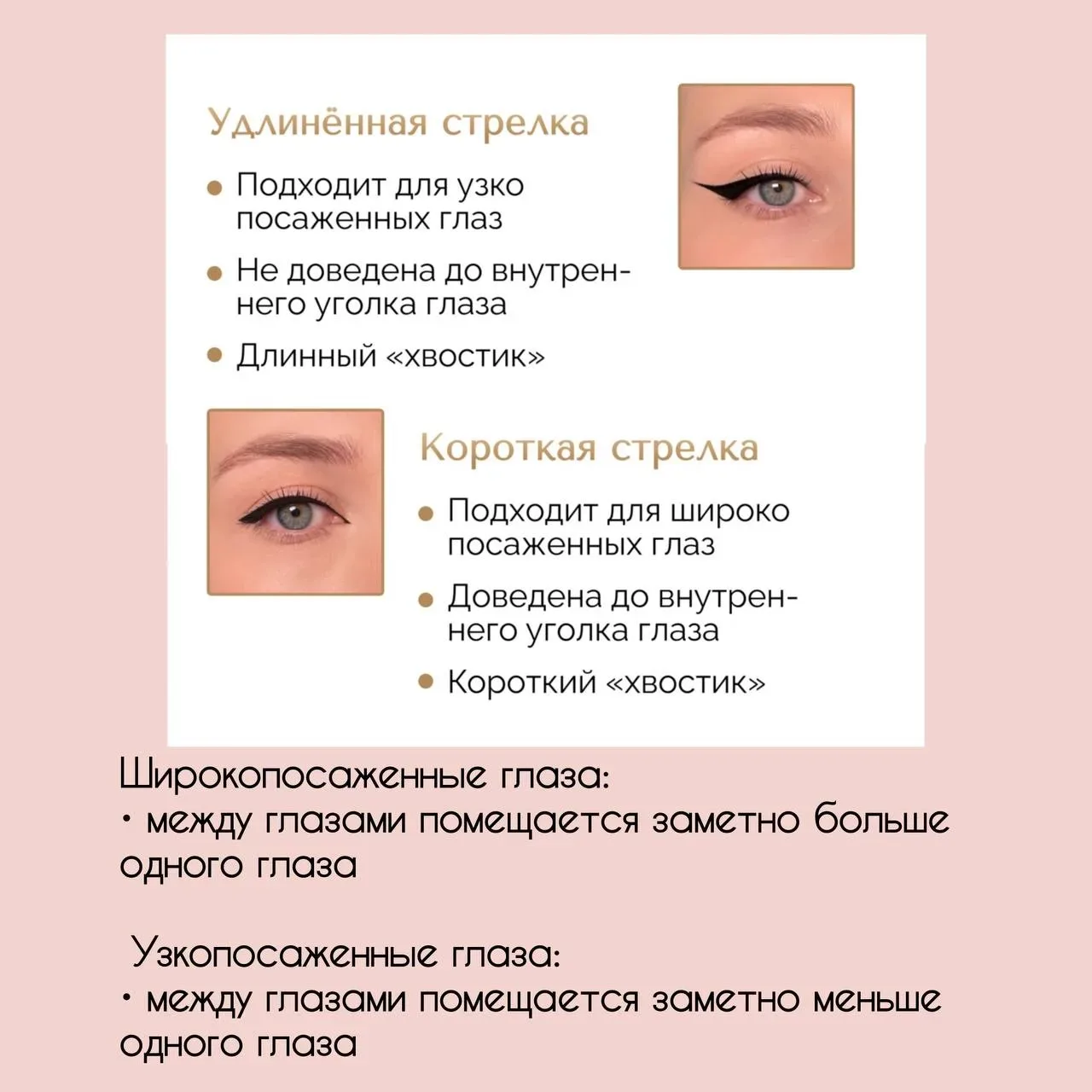 Как найти свою схему макияжа?  В карточках на примере стрелочек показала, как зависит макияж глаз от