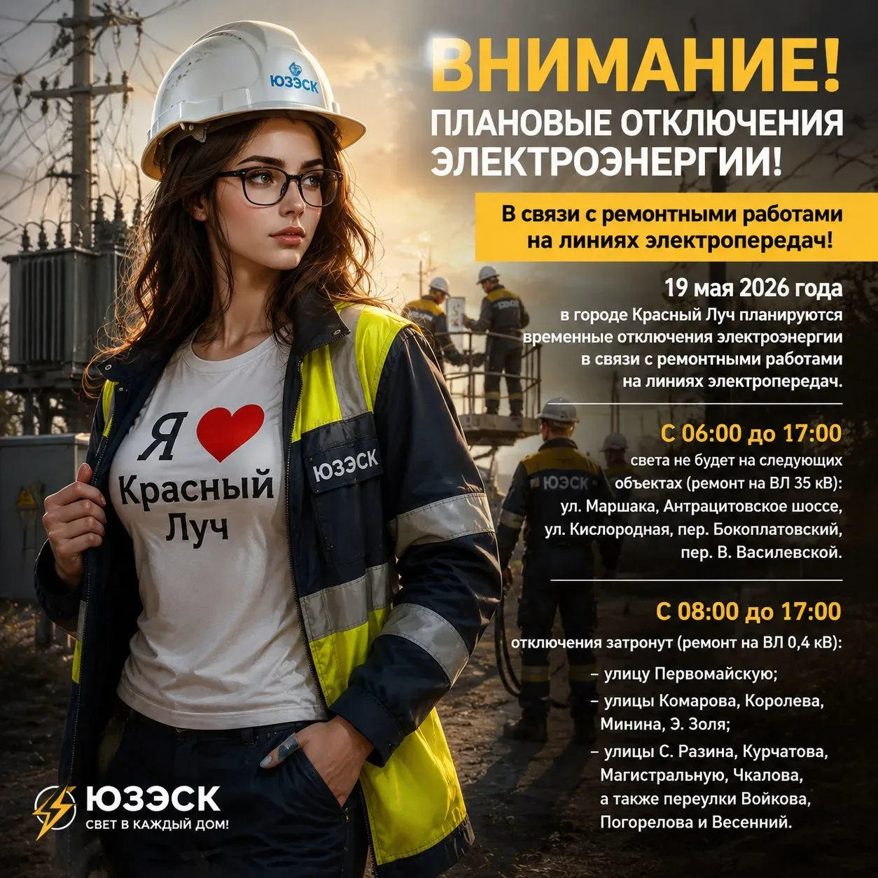 19 мая 2026 года в городе Красный Луч планируются временные отключения электроэнергии в связи с ремо