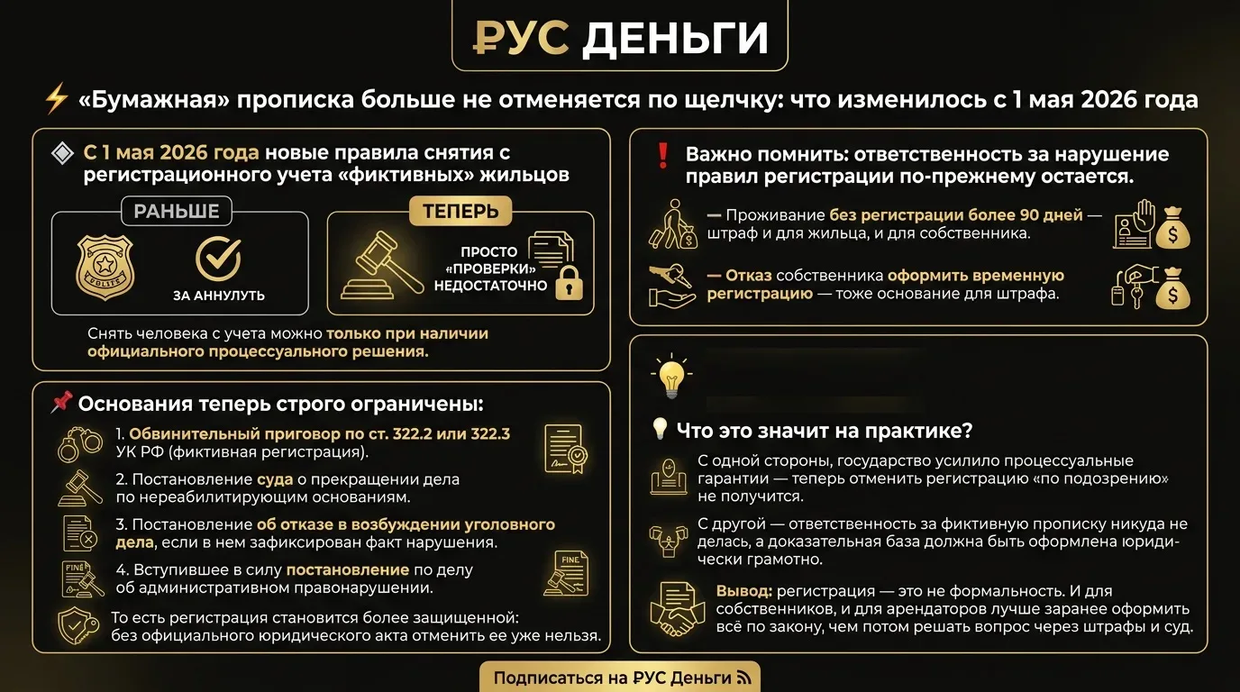 ⚡️ «Бумажная» прописка больше не отменяется по щелчку: что изменилось с 1 мая 2026 года  С 1 мая 202