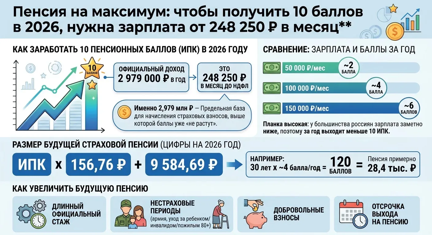Пенсия на максимум: чтобы получить 10 баллов в 2026, нужна зарплата от 248 250 ₽ в месяц  Чтобы зара