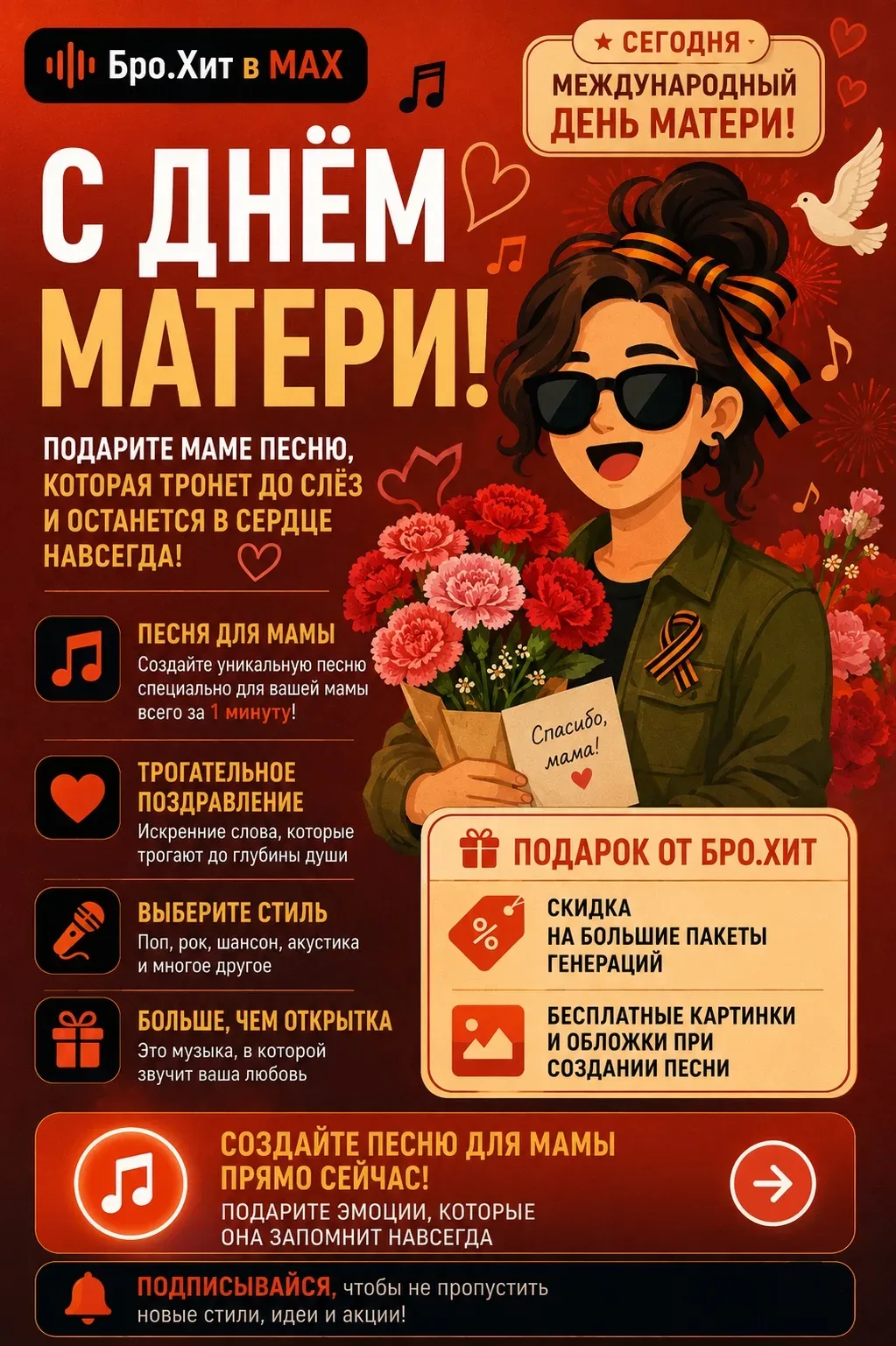 🌷 Сегодня — МЕЖДУНАРОДНЫЙ День матери! 💖. Сделаем ещё один подарок маме с БРО.ХИТ! 🎁🎶  Хотя в России