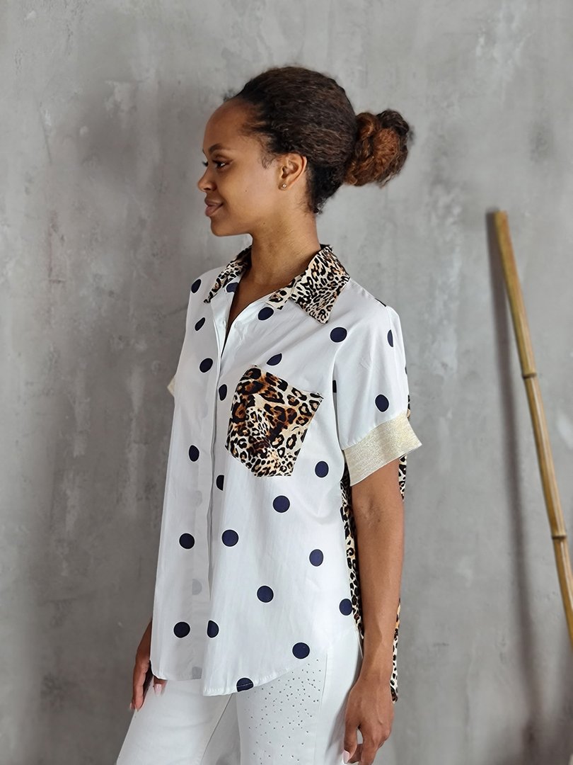 Рубашка STAR в горошек с леопард вставками белая, фотография №2