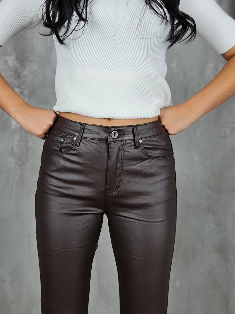 Брюки 3D Denim из экокожи с молниями внизу шоколад , фотография №2