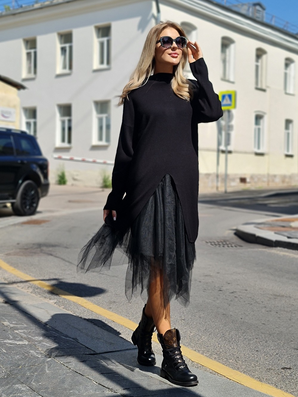 Платье BEAUTY WOMEN трикотажный джемпер юбка-сетка черное, фотография №1