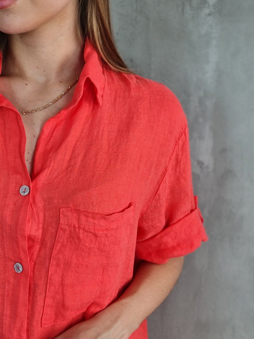Платье-рубашка PURE LINEN с коротким рукавом коралловое, фотография №3
