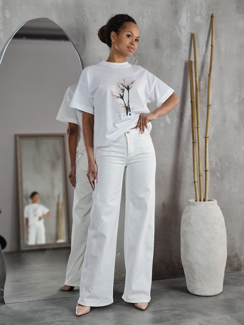 Футболка Imperial принт цветочки со стразами надпись COOL белая, фотография №4