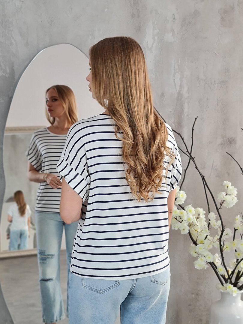 Футболка Please в синюю полоску с подвернутыми рукавами белая, фотография №3