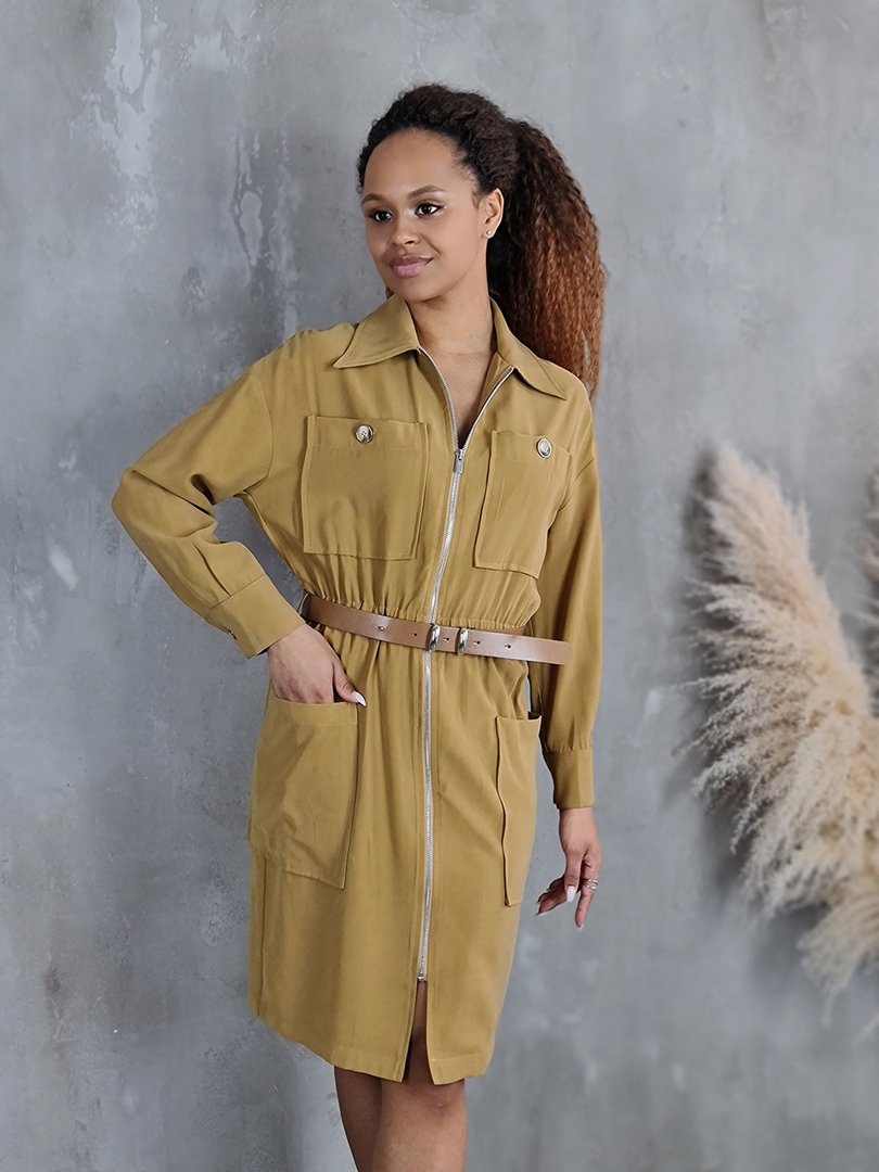 Платье Imperial с карманами и коричневым ремешком горчичное, фотография №3