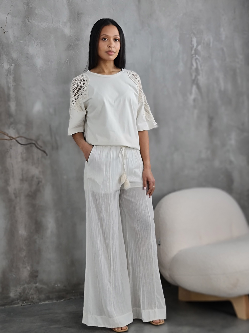 Брюки MIHOs прозрачные на завязках с помпончиком молочные , фотография №2