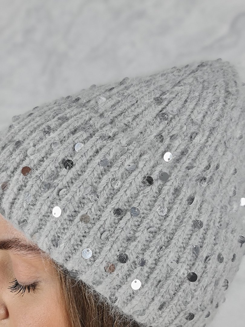 Шапка Alex Max БЕЗ завязок с пайетками серая, фотография №3