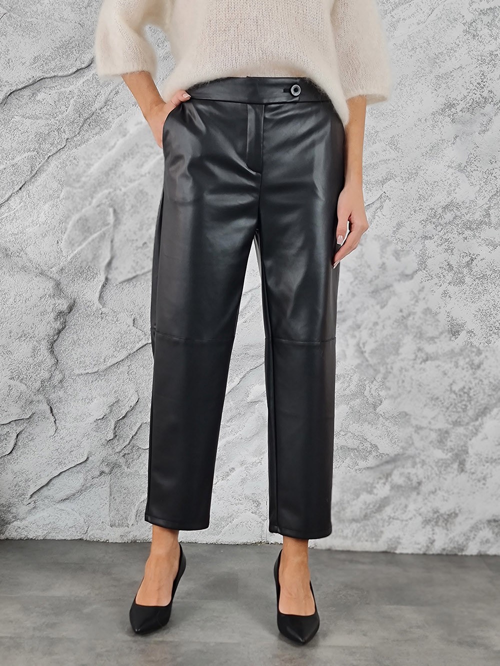 Брюки imperial экокожа на пуговице строчка поперек черные, фотография №1