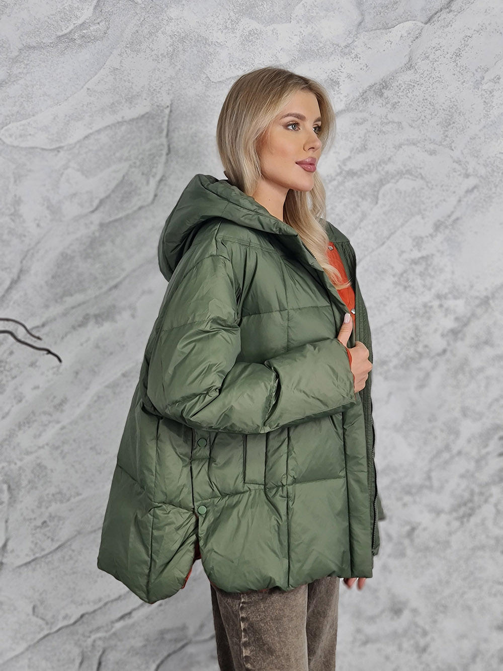 Куртка DEGREES оранжевый подклад с заклепками по бокам хаки  , фотография №3