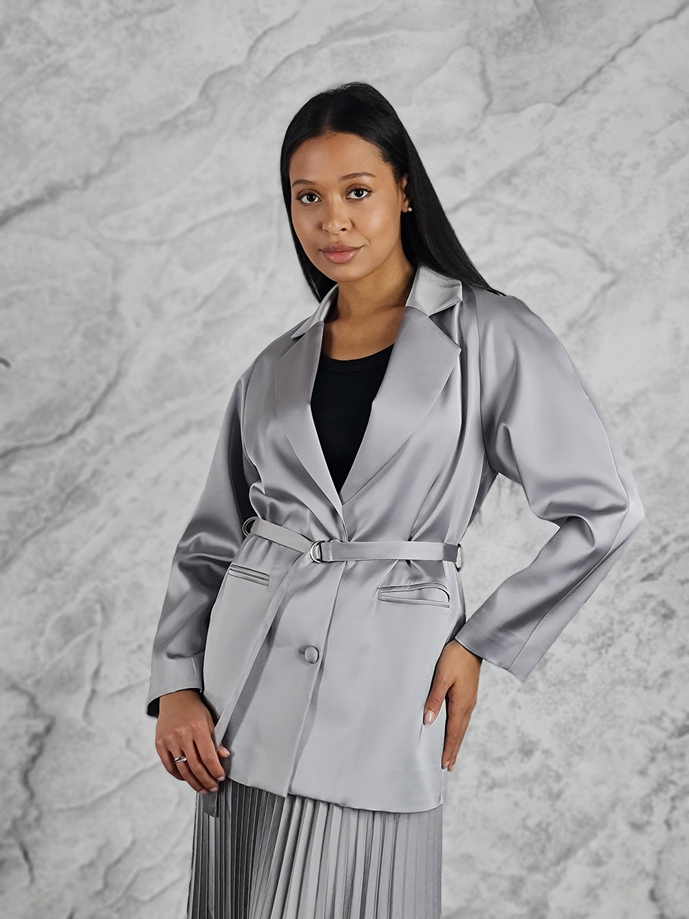 Пиджак CLOTHÉ атласный с поясом пуговицы серый, фотография №1