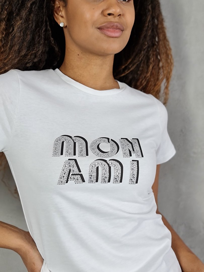 Футболка Imperial с надписью и стразами "MON AMI" белая, фотография №2