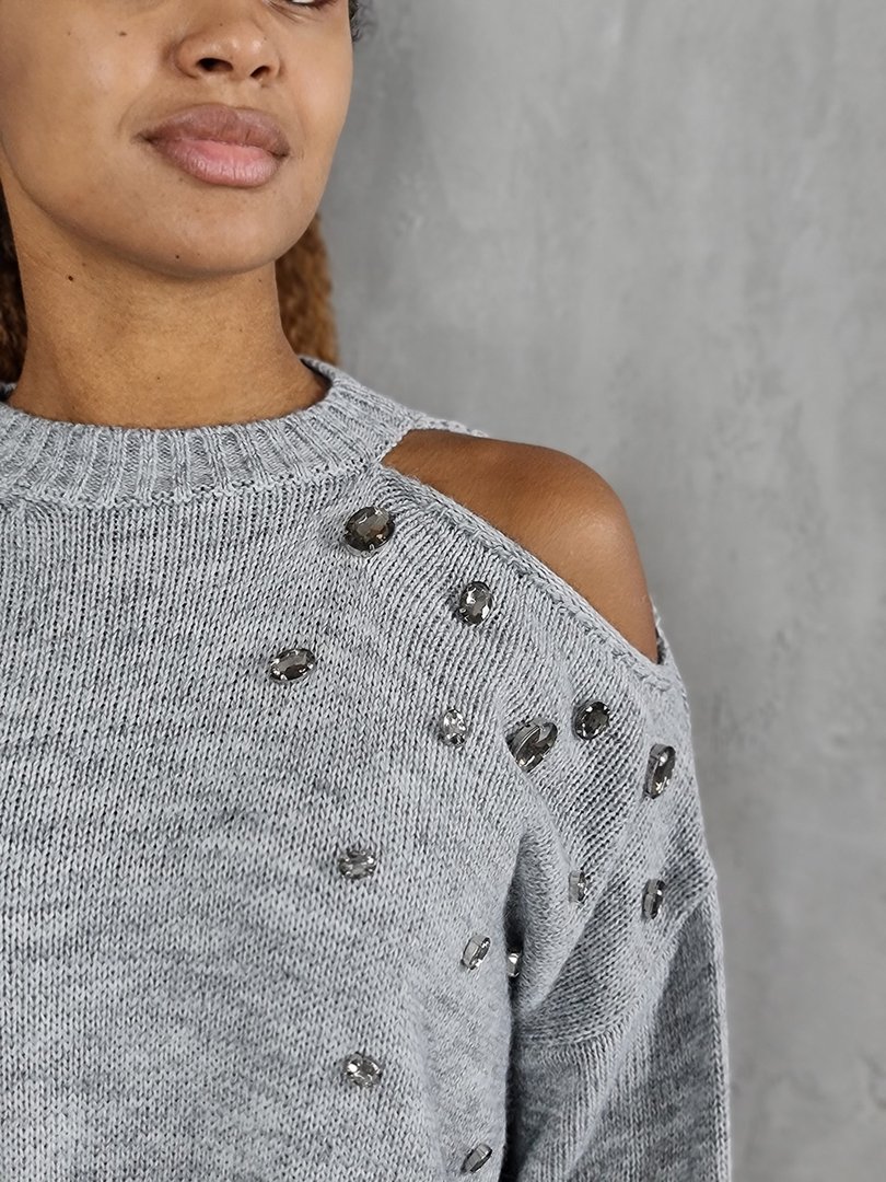 Джемпер King Kong  с открытым плечом и камнями серый, фотография №4