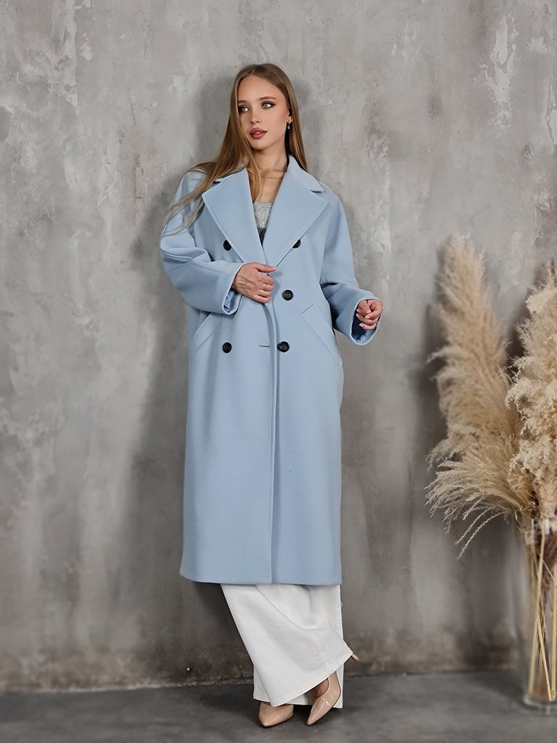 Пальто Imperial с поясом голубое, фотография №2