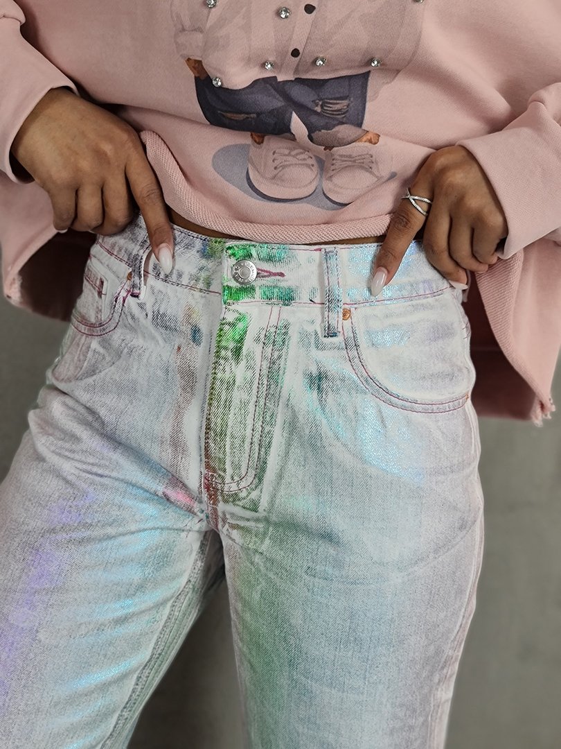 Джинсы Miss Bonbon с радужным напылением прямые белые, фотография №6