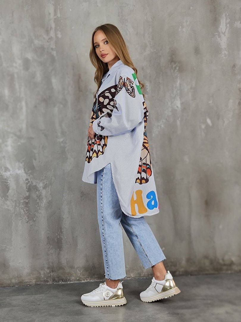 Рубашка Joleen удлиненная с принтом в виде бабочек голубая, фотография №3