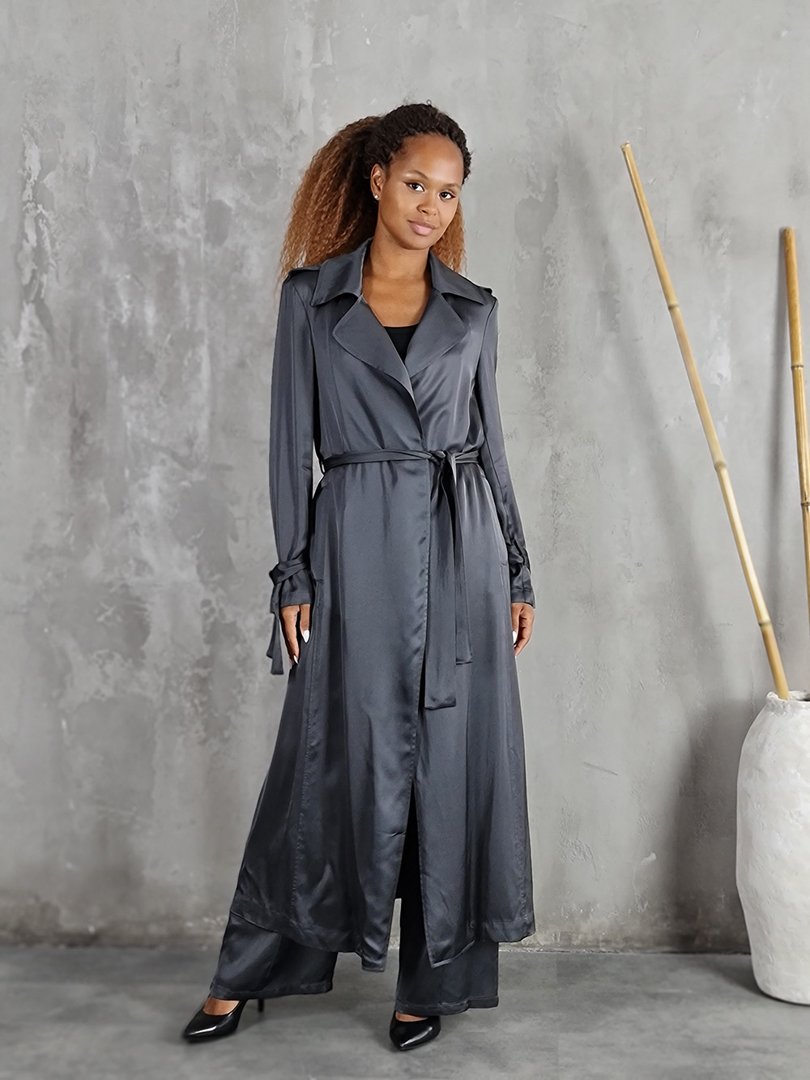 Костюм CLOTHÉ тонкий длинный тренч и брюки графит, фотография №4