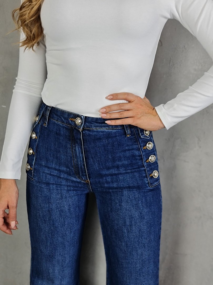 Джинсы Maryley клёш с золотыми пуговицами по бокам синие, фотография №3