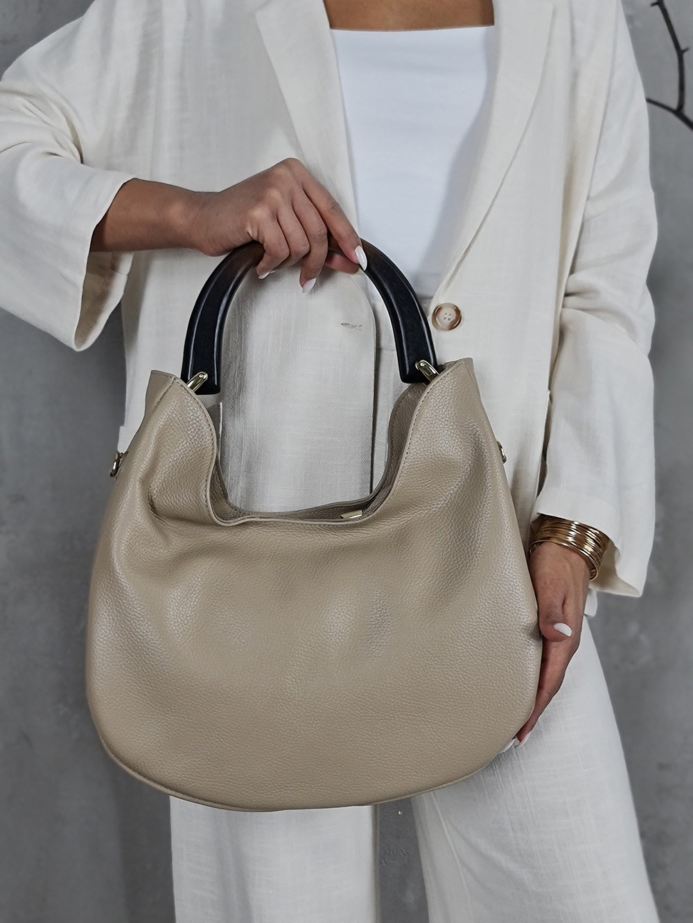 Сумка My Little Italy натуральная кожа с деревянной ручкой бежевая, фотография №1