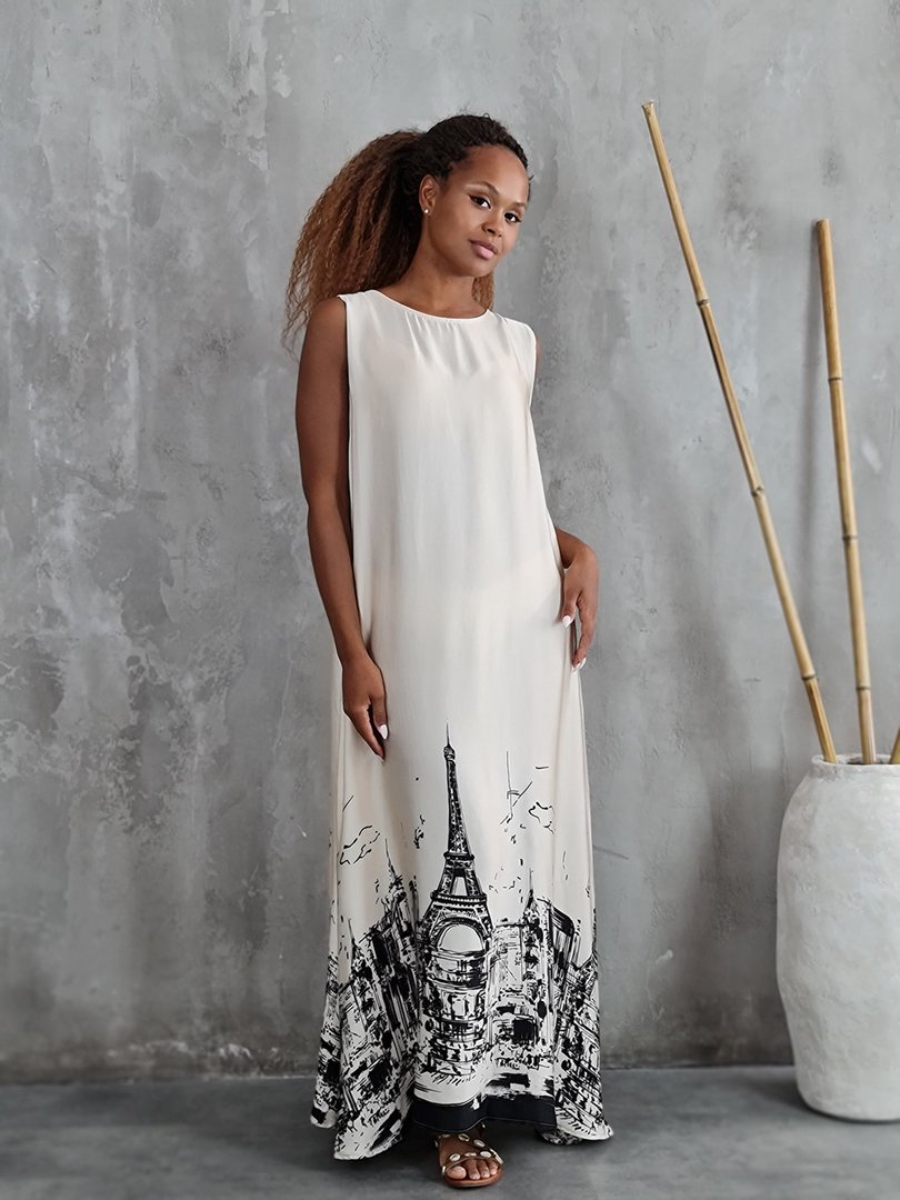 Платье MIHO'S с принтом Парижа на подоле молочное, фотография №2