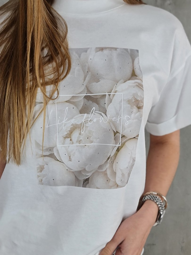 Футболка Imperial принт белые пионы со стразами белая , фотография №4