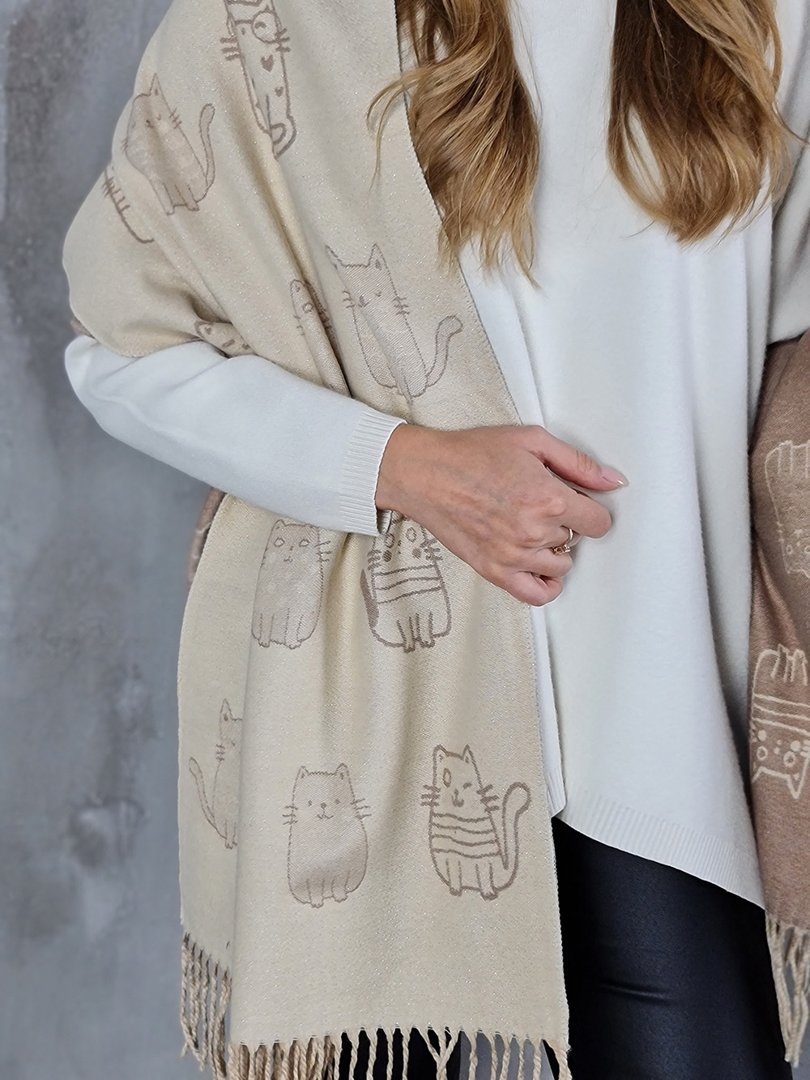 Палантин Mondana с принтом "Котики" и люрексом ваниль, фотография №3