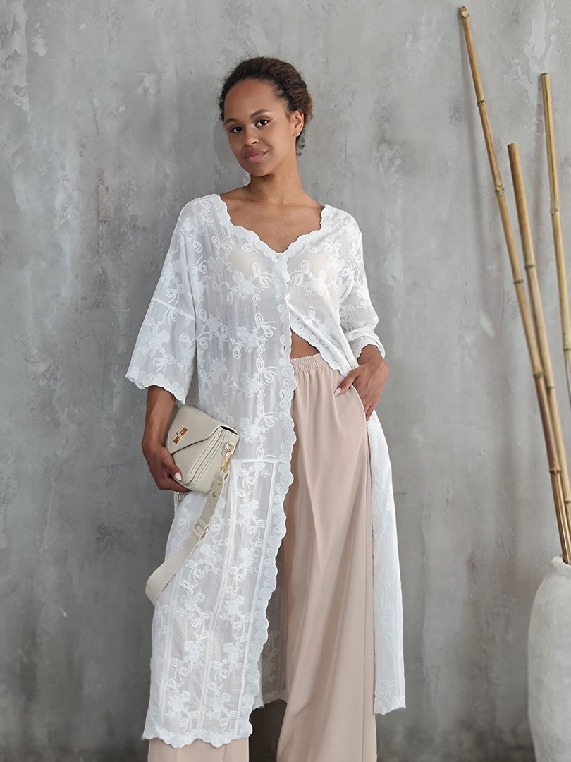 Кардиган li.fe style удлиненный с кружевными вставками белый, фотография №2