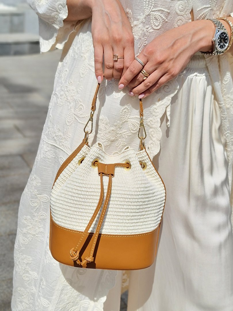 Сумка кисет Leather Country с плетеной вставкой карамель, фотография №3