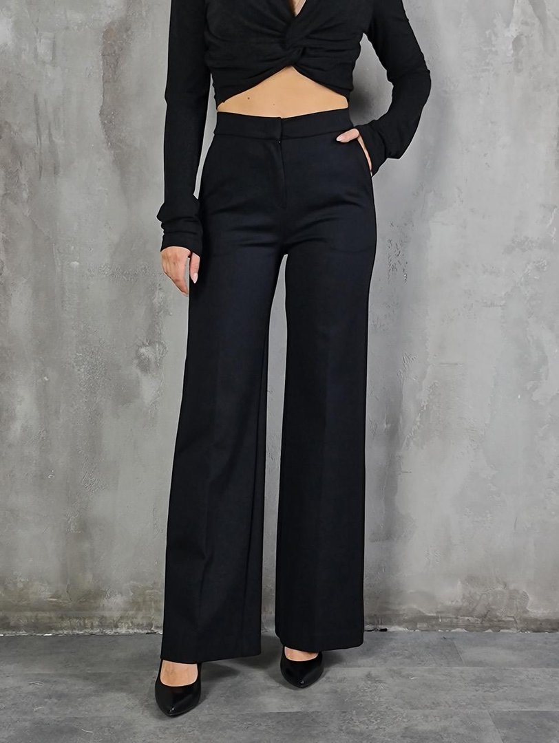 Брюки Maryley палаццо из гладкой ткани с карманами чёрные, фотография №1