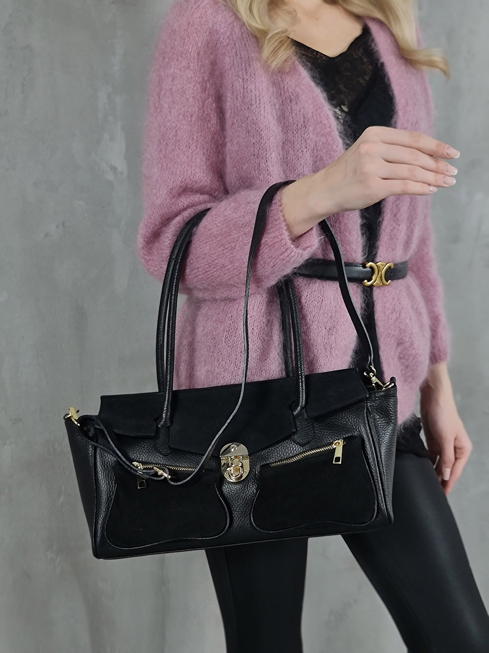 Сумка два кармана золотая застежка черная, фотография №5