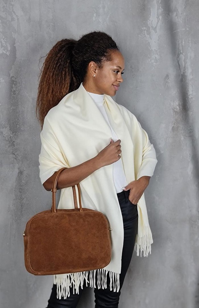 Сумка с карманом на замке замшевая карамельная, фотография №1