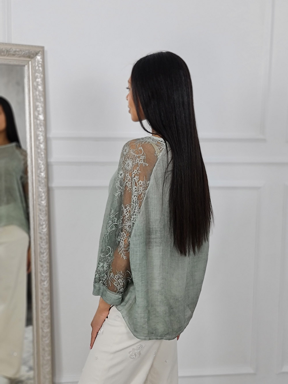 Блузка WI&CO с кружевными рукавами оливковая , фотография №3