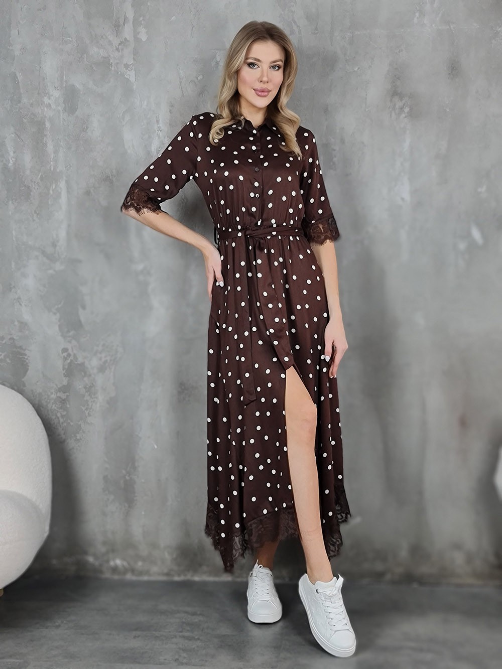 Платье Imperial рукав 3/4 в горох с поясом шоколад , фотография №1