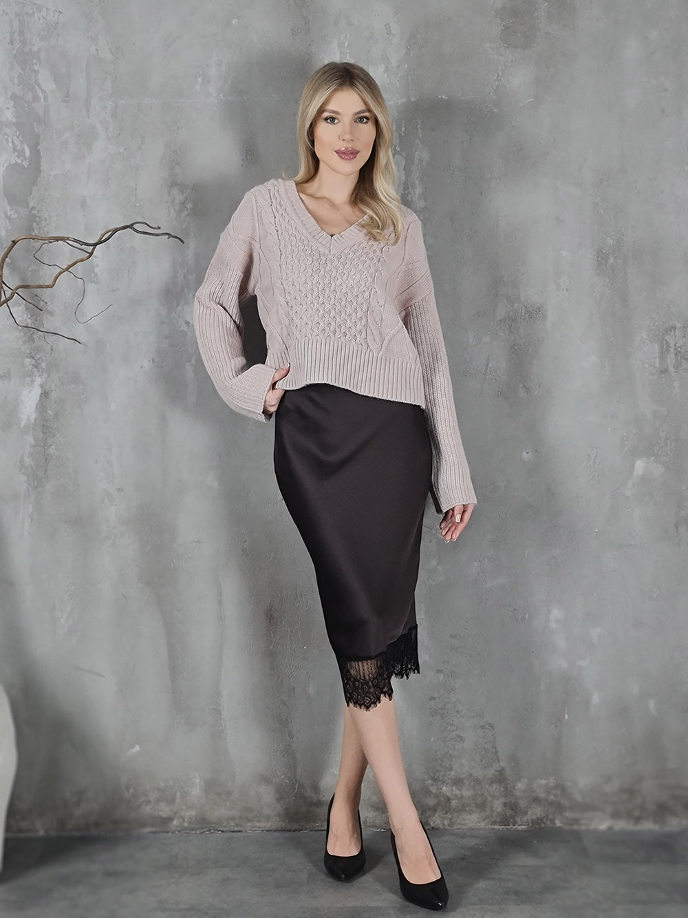 Imperial атласная юбка с черным кружевом снизу шоколад, фотография №2