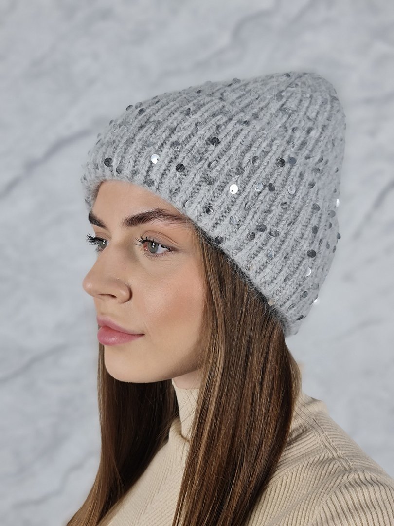 Шапка Alex Max БЕЗ завязок с пайетками серая, фотография №2