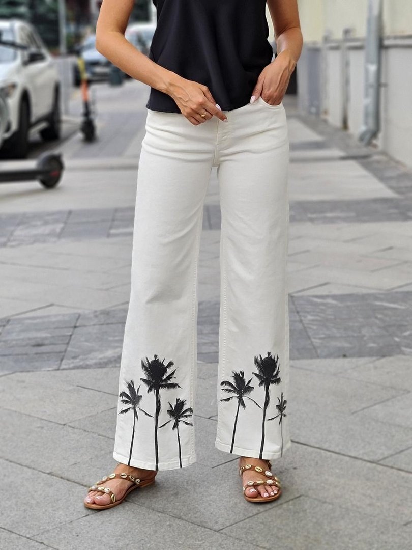 Джинсы Please палаццо с принтом "Пальмы" белые, фотография №1